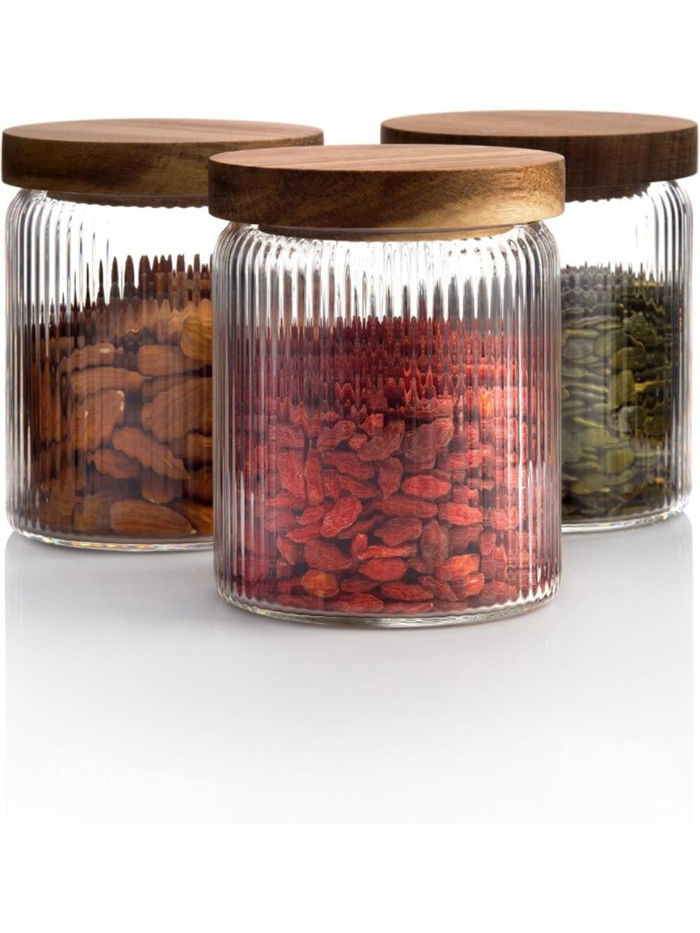 Ribbed Glass Storage Canisters with Wooden Lids, 17oz Set of 3 | Airtight